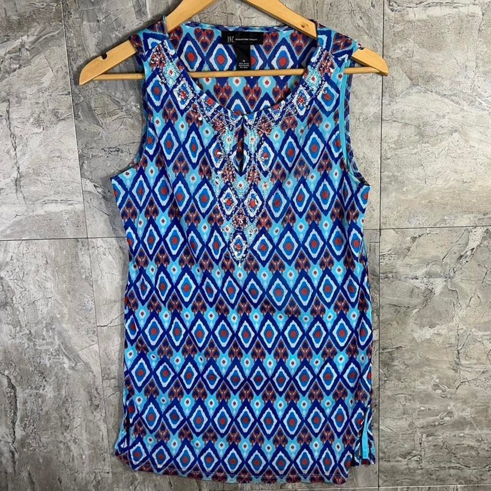 Blue and‎ brown sleeveless blouse with beaded neckline Woman's Medium #beadedtop